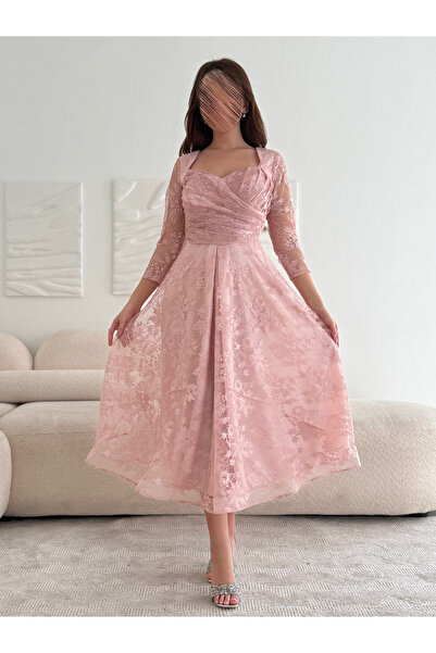BRATO Midi dress in soft French lace in powder pink