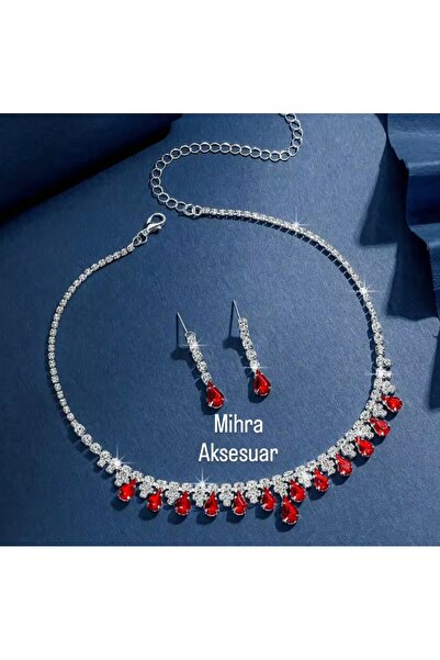 Mihra Aksesuar Crystal Red Drop Stone Custom Made Necklace Earring Set