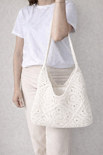 MSM El Yapımı Örgü Kadın Omuz Çantası Koton İp Beyaz Günlük Plaj Çantası Bohe...