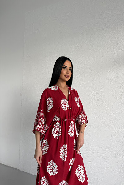 KAMACI BUTİK Double-Breasted Yaka Etni̇k D Patterned Viscose Summer Dress wit...