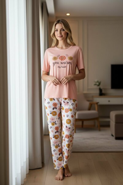 PİJAPİA Women's Short Sleeve Stretch Fabric Pajama Set Salmon