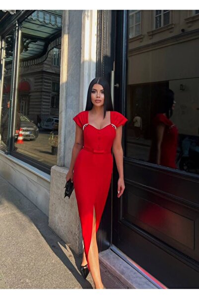 maf collection Women's Red Button and Bow Detail at Waist, Sweetheart Necklin...