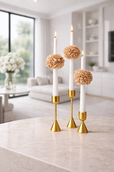 By Şirin Candle 3 lü Sütlü Kahve Şakayık Detaylı Şamdan Mumları