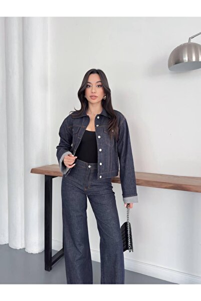 Ekim Store Likralı Crop Kot Jile Ceket Pantolon Takım