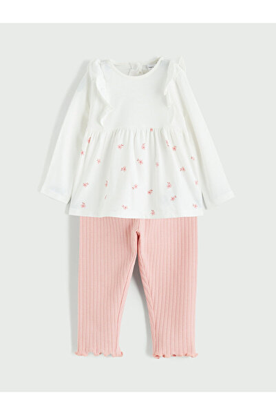 LC Waikiki Ecru floral baby girl blouse and leggings