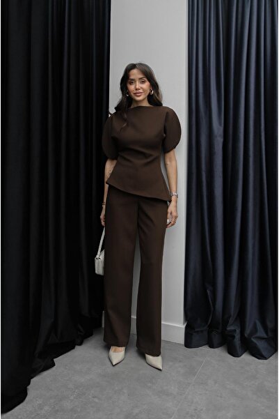 Havoş Καφέ Σετ Παντελόνι και Ασύμμετρη Μπλούζα Savone