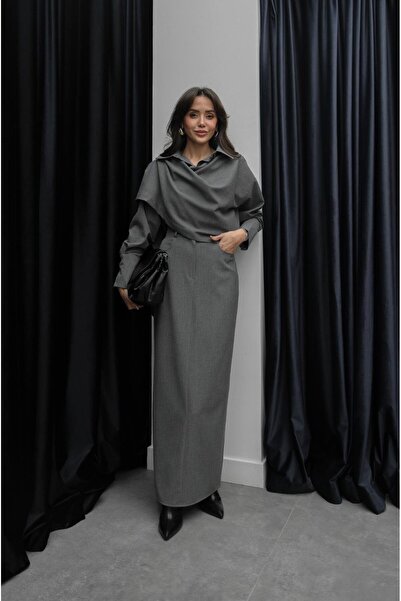 Havoş Set cămașă și fustă antracit cu detalii tip șal la guler