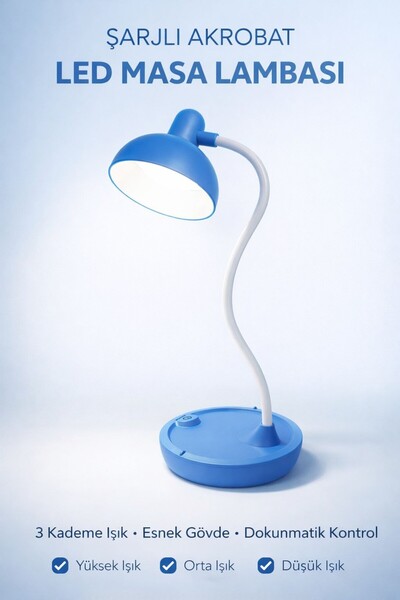 Edison Mavi LED Masa Lambası Şarjlı 3 Kademe Beyaz Işık Dokunmatik Akrobat Ça...