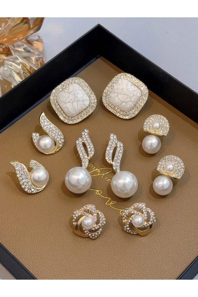 VEYA Five pairs of luxurious French-style decorative earrings in a pearl and ...