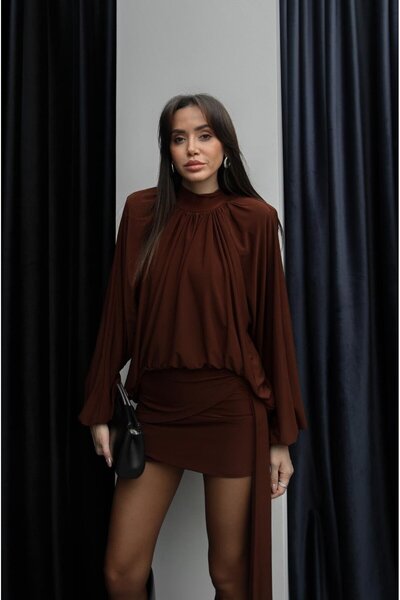 Havoş Καφέ Σετ Μπλούζα-Φούστα Candy Με βάτες