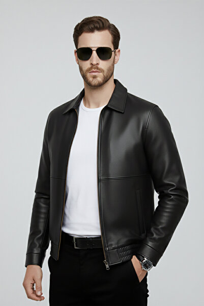 Bossago Men's Black High Quality Black Classic Collar Leather Jacket