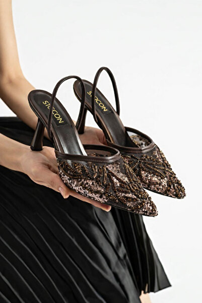 STOCON PERIE Kahve Kadın 7 cm Topuklu Pullu Payetli Bantlı Abiye Gelin Düğün ...