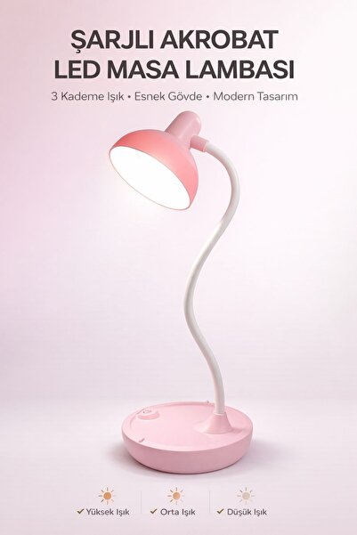 Edison Pembe LED Masa Lambası Şarjlı 3 Kademe Beyaz Işık Dokunmatik Akrobat Ç...