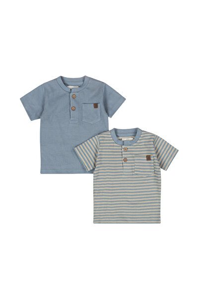 Dirkje Pack of 2 boys' 100% Cotton button-up T-shirts - blue and beige