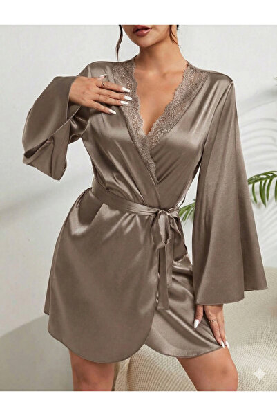 sempathy Γυναικείο σατέν Με βολάν απλό και κομψό κοντό σατέν ρόμπα με λεπτομέ...