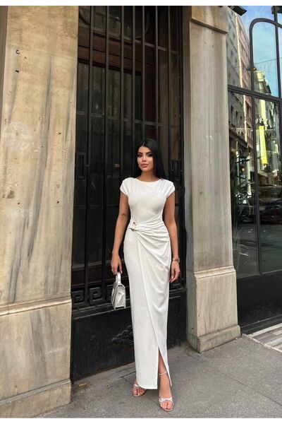 maf collection Women's White Crew Neck Short Sleeve Stone Detail and Slit Lon...