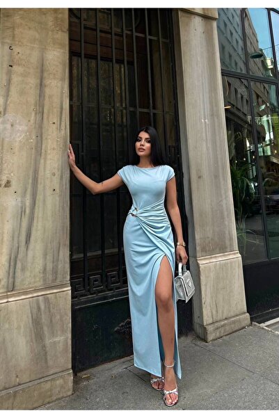 maf collection Women's Blue Crew Neck Short Sleeve Stone Detail and Slit Long...