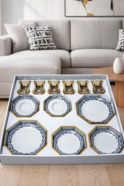 Kezze 24 Parça Premium Çay&Pasta Sunum Seti-6 Bardak 6 Pasta Tabağı-6 Çerezli...