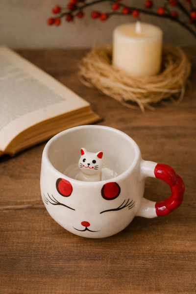 Çağ Seramik Kedi Desenli El Yapımı Seramik Kupa – Kırmızı Kulplu Krem Kahve K...
