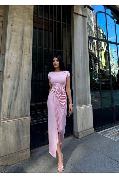 maf collection Women's Pink Crew Neck Short Sleeve Stone Detail and Slit Long...