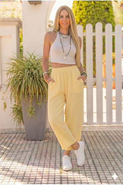 Pasaklı Giyim Pantaloni de damă din țesătură muselină, cu talie elastică, cu ...