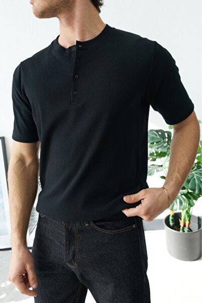 Wonraces Guler Henley negru pentru bărbați, cu nasturi, cu jumătate de fermoa...