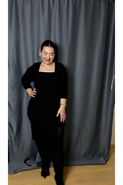 Store Büyük Beden Sihirli Yırtmaçlı Kare Yaka Elbise