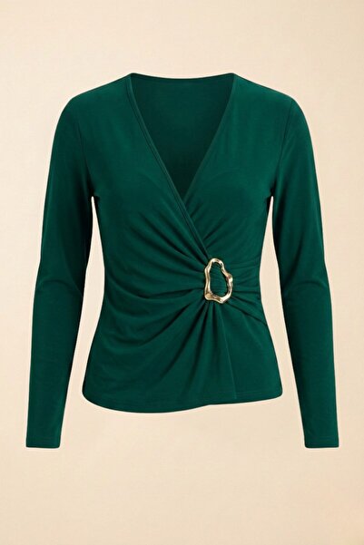 Potenza Women's Blouse Gold Buckle Detail Ruched Double-Breasted Collar Long ...