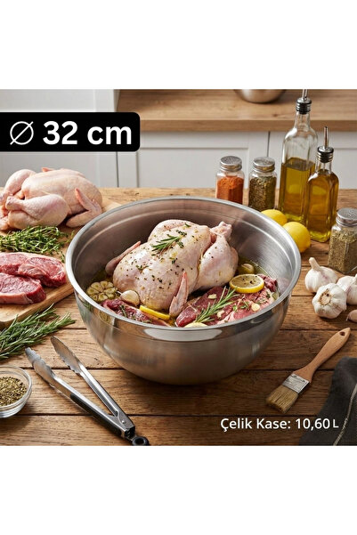 Meaty Cheesy Çelik Büyük Boy Kase 32 cm (10.6 L) - Büyük Porsiyon Hazırlama K...