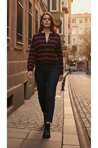 SİBELİZE Women's Striped Gold Button Detailed Cardigan