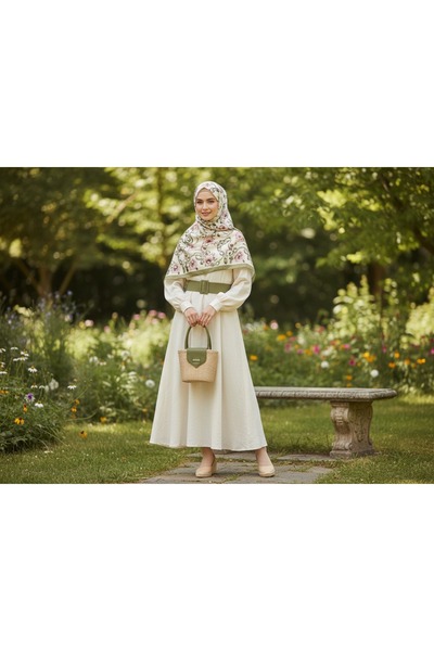 Rosalia Floş Viskon Şal – Zeytin Yeşili Zincir & Floral Desen