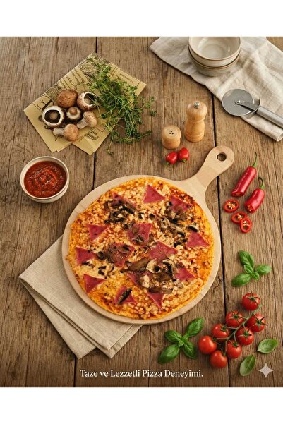 LkAhşap 32 cm Ahşap Pizza Sunum Tahtası Saplı – Yuvarlak Doğal Ahşap Servis ve Sunum Tabağı Fırın Küreği