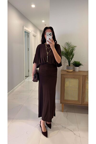 FMN Moda tensel kumaş yarım yarasa kol büzgülü drape detay açılır etek muadil...