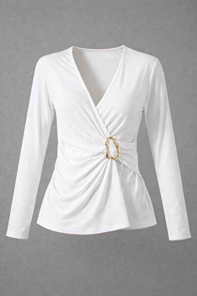 Potenza Women's Blouse Gold Buckle Detail Ruched Double-Breasted Collar Long ...