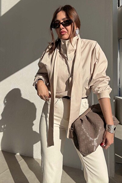 ELVAN TOLON Cămașă bej guler ridicat cu eșarfă