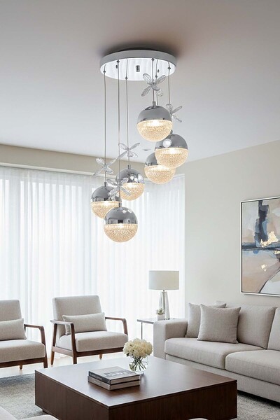 TERRA LIGHTING Rosali Kristal 6 Toplu Led Avize, 3 Renk Yanabilen Led Avize, ...