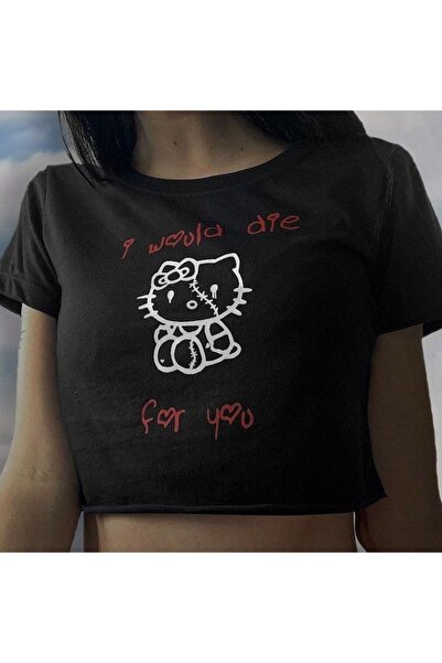 Gofeel Χαρατζούκου Y2K Χέλοου Κίτι με τύπωμα Μαύρο Κοντό Μπλουζάκι