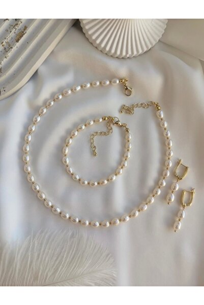 AERAS DESİNG Gerçek İnci Takı Seti Kolye Bileklik Küpe | Gold Paslanmaz Çelik...