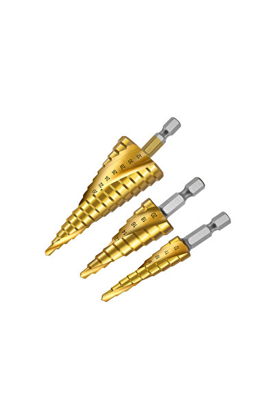 Other طقم مثقاب متدرج حلزوني مجوف من 3 قطع، ذهبي