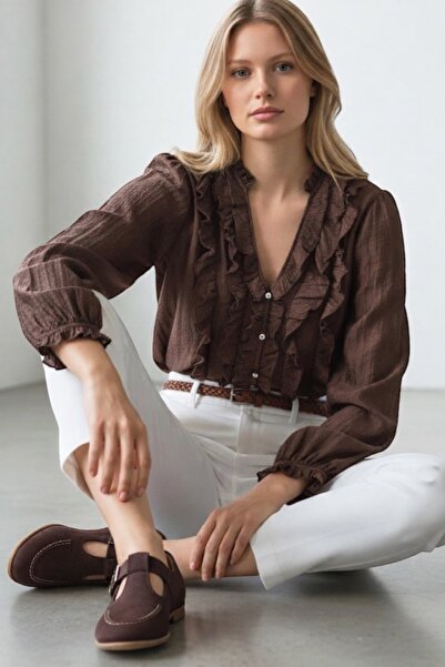 Trend Alaçatı Stili Kadın Kahverengi Süet T-Strap Loafer Ayakkabı Alc-X15418