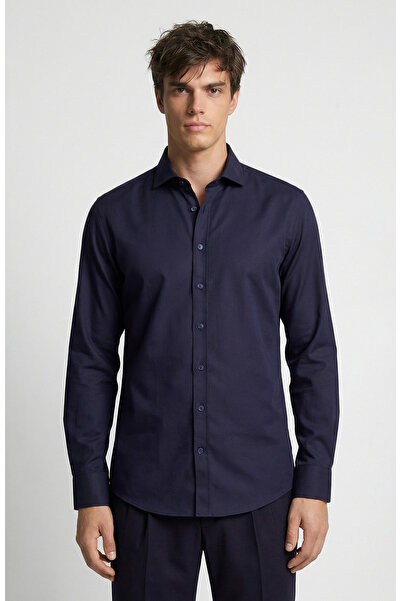 Network Slim Fit Lacivert Düz Pamuk Saten Gömlek