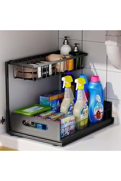 Arabest منظم أسفل الحوض، منظم قابل للسحب من قطعتين، تخزين منزلق للحمام/المطبخ...