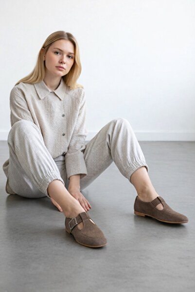 Trend Alaçatı Stili Kadın Vizon Süet T-Strap Loafer Ayakkabı Alc-X15418