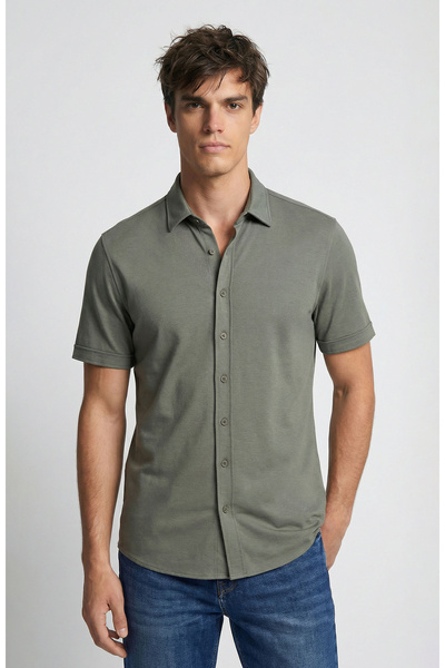 Network Haki Kısa Kollu Örme Gömlek