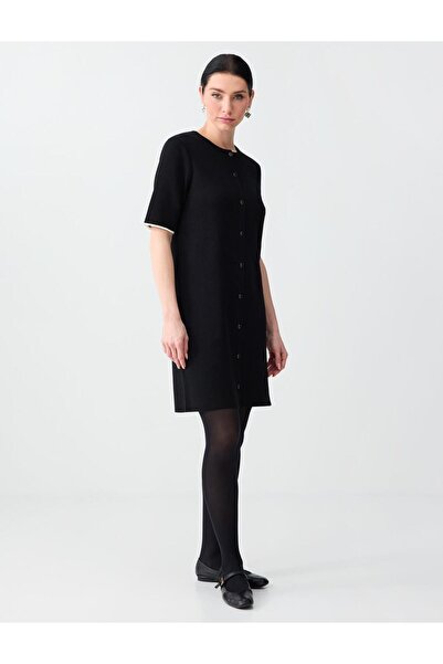 Jimmy Key Siyah Bisiklet Yaka Dirsek Kol Mini Triko Elbise