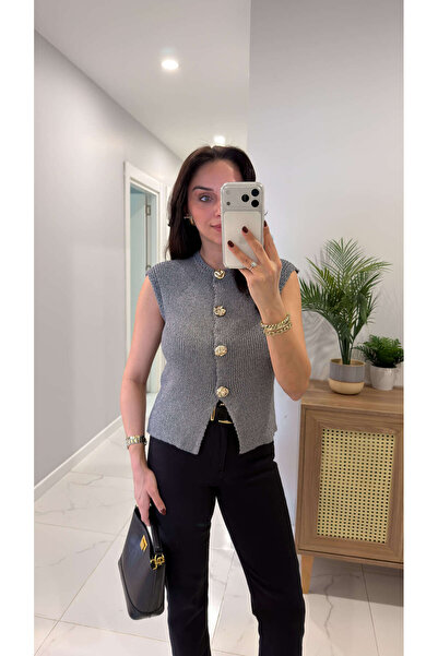 BİRCANÇİL Md Reflas Gri Gold Buckle Detail Knitwear Vest