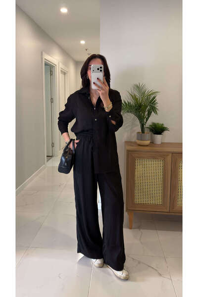 BİRCANÇİL طقم قميص وبنطلون وينيلا أسود ملمس ناعم