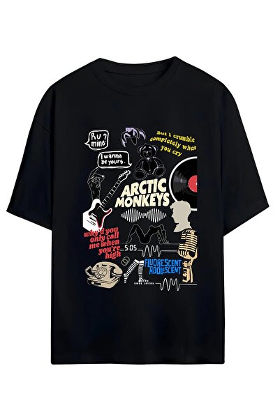 Gofeel Unisex Oversize kroj Crni Arctic Monkeys Detaljni T-shirt