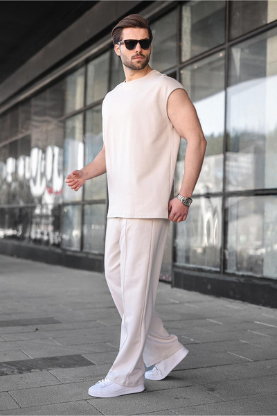 Madmext طقم تي شيرت رجالي بدون أكمام بلون الحجر E7354