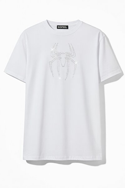 Gofeel Unisex Oversized White Spider Glitter Rhinestone T-Shirt